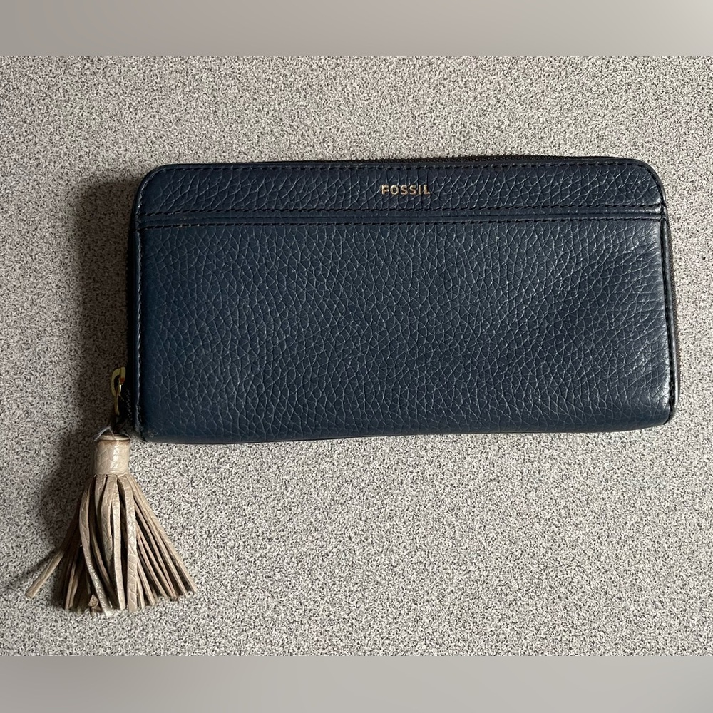 Fossil Steel Blue Zip Around Tassel Wallet
